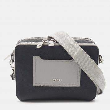 Pre Owned Dior Black Grey Bicolor Leather Double Zip Crossbody