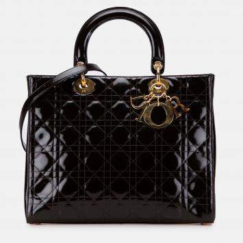 Pre Owned Dior Brown Large Patent Cannage Lady Dior