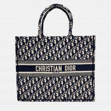 Pre Owned Dior Beige/Navy Blue Fabric Oblique Book Tote