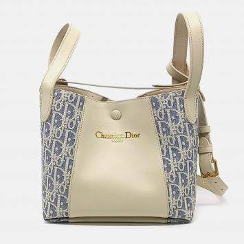 Pre Owned Dior Beige/Blue Calf Leather Cotton Signature Bucket Bag