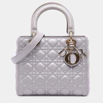 Pre Owned Dior Grey Medium Pearlescent Lambskin Cannage Lady Dior