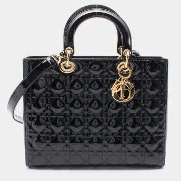 Pre Owned Christian Dior Lady Large Cannage Black Patent Leather Handbag