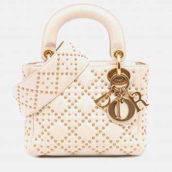 Pre Owned Dior White Mini Lambskin Cannage Studded Supple Lady Dior