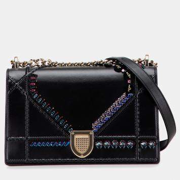 Pre Owned Dior Black Medium Calfskin Crystal Embroidered Diorama Flap