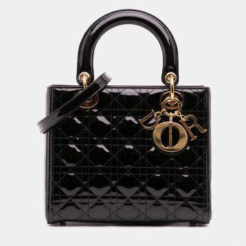 Pre Owned Dior Black Medium Patent Cannage Lady Dior