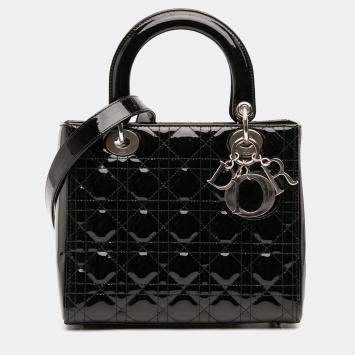 Pre Owned Dior Black Medium Patent Cannage Lady Dior