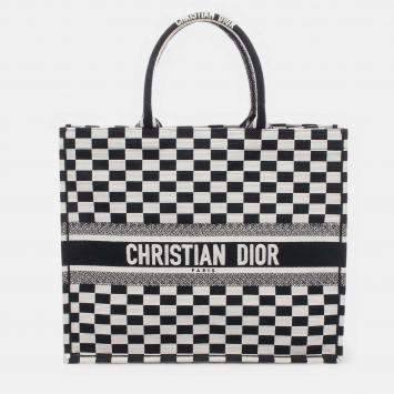 Pre Owned Dior Black White Large Embroidered Canvas Checkered Book Tote