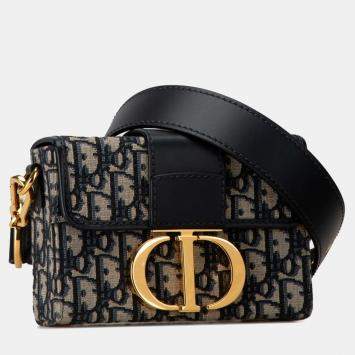 Pre Owned Christian Dior Oblique 30 Montaigne Crossbody Shoulder Bag Navy Beige Leather Jacquard