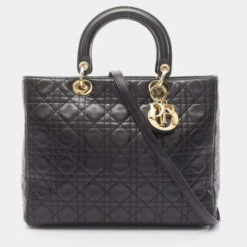 Pre Owned Christian Dior Lady Large Cannage Handbag Bag Leather Black