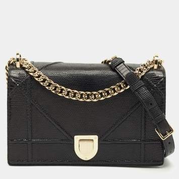 Pre Owned Dior Black Lizard Medium Diorama Flap Shoulder Bag