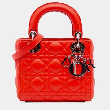 Pre Owned Dior Orange Mini Lambskin Cannage Lady Dior