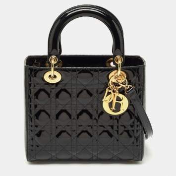 Pre Owned Dior Black Cannage Patent Leather Medium Lady Dior Tote