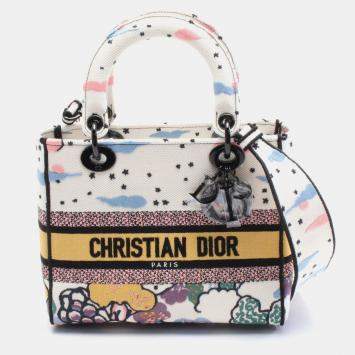 Pre Owned Christian Dior Dior Lady D-Lite Medium Handbag Canvas  White Multicolor