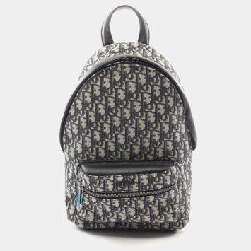 Pre Owned Christian Dior Dior Rider Backpack Canvas Leather Kids Beige Navy Black