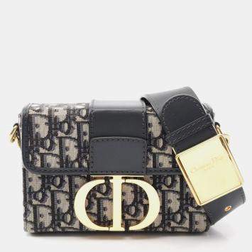 Pre Owned Christian Dior Dior 30 Montaigne Oblique Shoulder Bag Canvas And Leather  Navy Beige