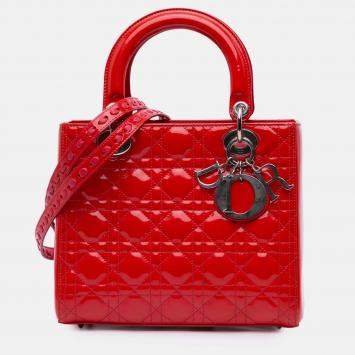 Pre Owned Dior Red Medium Patent Cannage Whipstitch Lady Dior