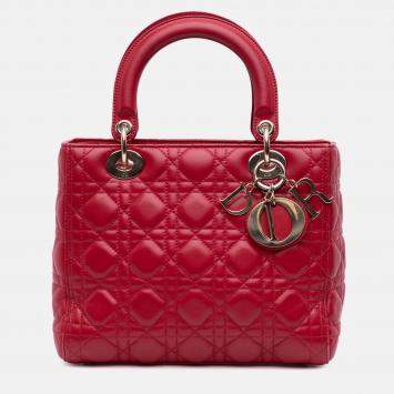 Pre Owned Dior Red Medium Lambskin Cannage Lady Dior