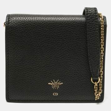 Pre Owned Dior Black Leather D Bee Wallet On Chain