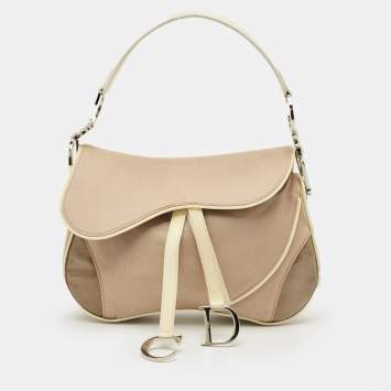 Pre Owned Dior Beige/Cream Fabric and Patent Leather Double Saddle Bag
