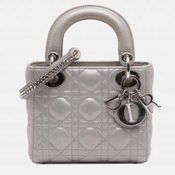 Pre Owned Dior Silver Mini Iridescent Lambskin Cannage Lady Dior