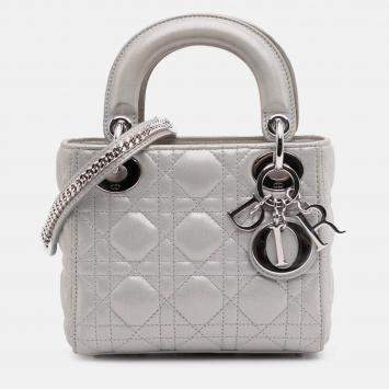 Pre Owned Dior Silver Mini Iridescent Lambskin Cannage Lady Dior
