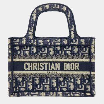 Pre Owned Christian Dior Oblique Bag Beige/Navy Blue Mini Book Tote