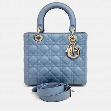 Pre Owned Dior Blue Leather Christian Dior Cannage Lady Bag Medium