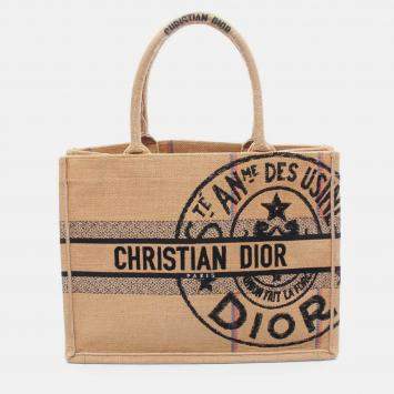 Pre Owned Dior Beige Medium Jute Embroidered Book Tote