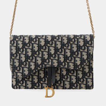 Pre Owned Christian Dior Saddle Navy Canvas Chain Pouch Bag