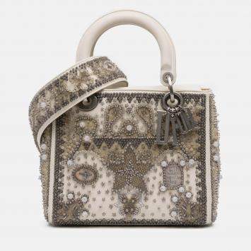 Pre Owned Dior Beige Medium Lambskin Embroidered and Beaded Lady D Lite