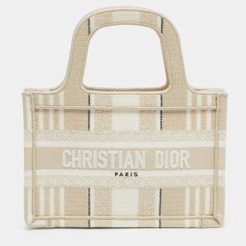 Pre Owned Dior Beige Stripes Embroidered Canvas Mini Book Tote