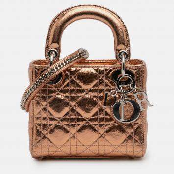 Pre Owned Dior Brown Mini Metallic Crinkled Calfskin Cannage Lady Dior
