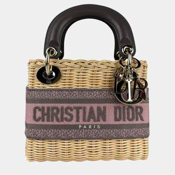 Pre Owned Christian Dior Lady Straw Canvas Handbag Shoulder Bag In Natural Pink Gray And Gold