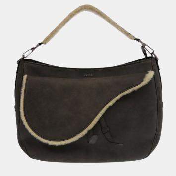 Pre Owned Christian Dior Saddle Shearling Mouton Gray Shoulder Bag