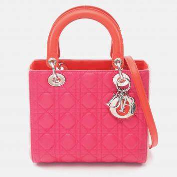 Pre Owned Christian Dior Dior Lady Dior Handbag Leather  Red Pink