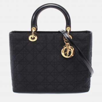 Pre Owned Christian Dior Dior Lady Large Cannage Handbag Nylon Leather Black