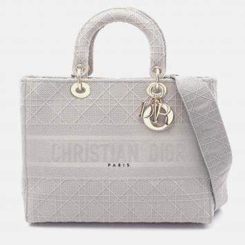 Pre Owned Christian Dior Lady D-Lite Large Cannage Handbag Canvas  Gray