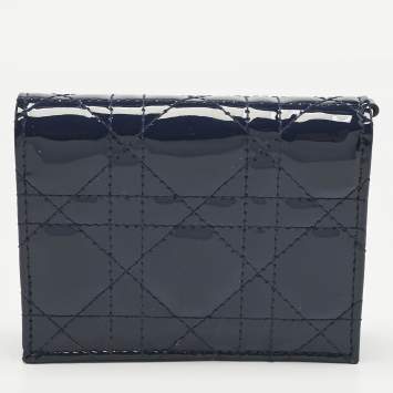 Pre Owned Dior Navy Blue Patent Leather Mini Lady Dior Gardenia Wallet