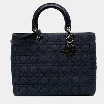 Pre Owned Dior Navy Blue Large Denim Cannage Lady Dior