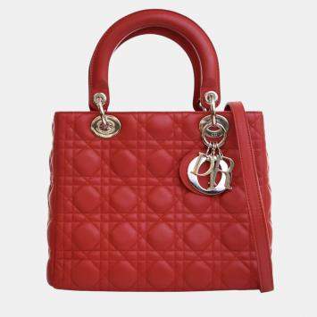 Pre Owned Dior Red Medium Lambskin Cannage Lady Dior