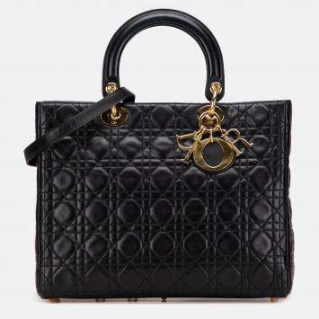 Pre Owned Dior Black Large Lambskin Cannage Lady Dior