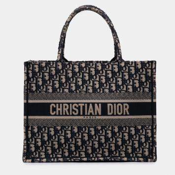 Pre Owned Dior Navy Blue Medium Oblique Canvas Book Tote