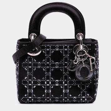 Pre Owned Dior Black Mini Satin Cannage Strass Crystal Embellished Lady Dior