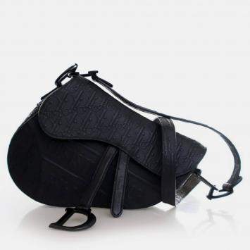 Pre Owned Dior Medium Oblique Embossed Black Calf Leather Saddle Bag
