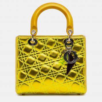 Pre Owned Dior Yellow Anselm Reyle Medium Metallic Lambskin Cannage Lady Dior