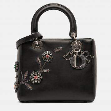 Pre Owned Dior Black Medium Beaded Floral Embellished Lambskin Lady Dior
