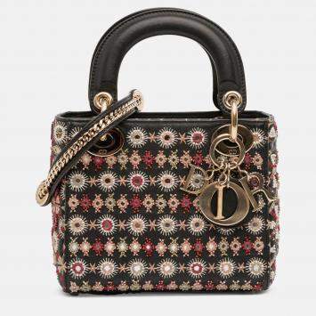 Pre Owned Dior Black Mini Calfskin Beaded Embroidered Lady Dior