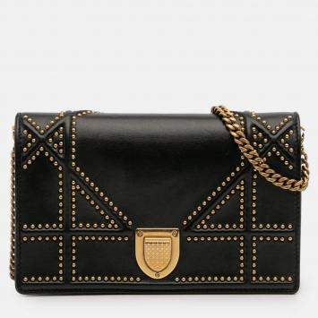 Pre Owned Dior Black Studded Calfskin Diorama Wallet on Chain