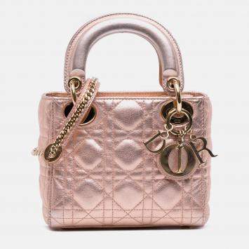 Pre Owned Dior Pink Mini Metallic Lambskin Cannage Lady Dior