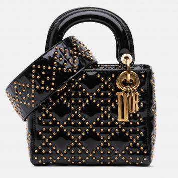 مملوكة مسبقًا Dior Black Mini Patent Cannage Studded Supple Lady Dior